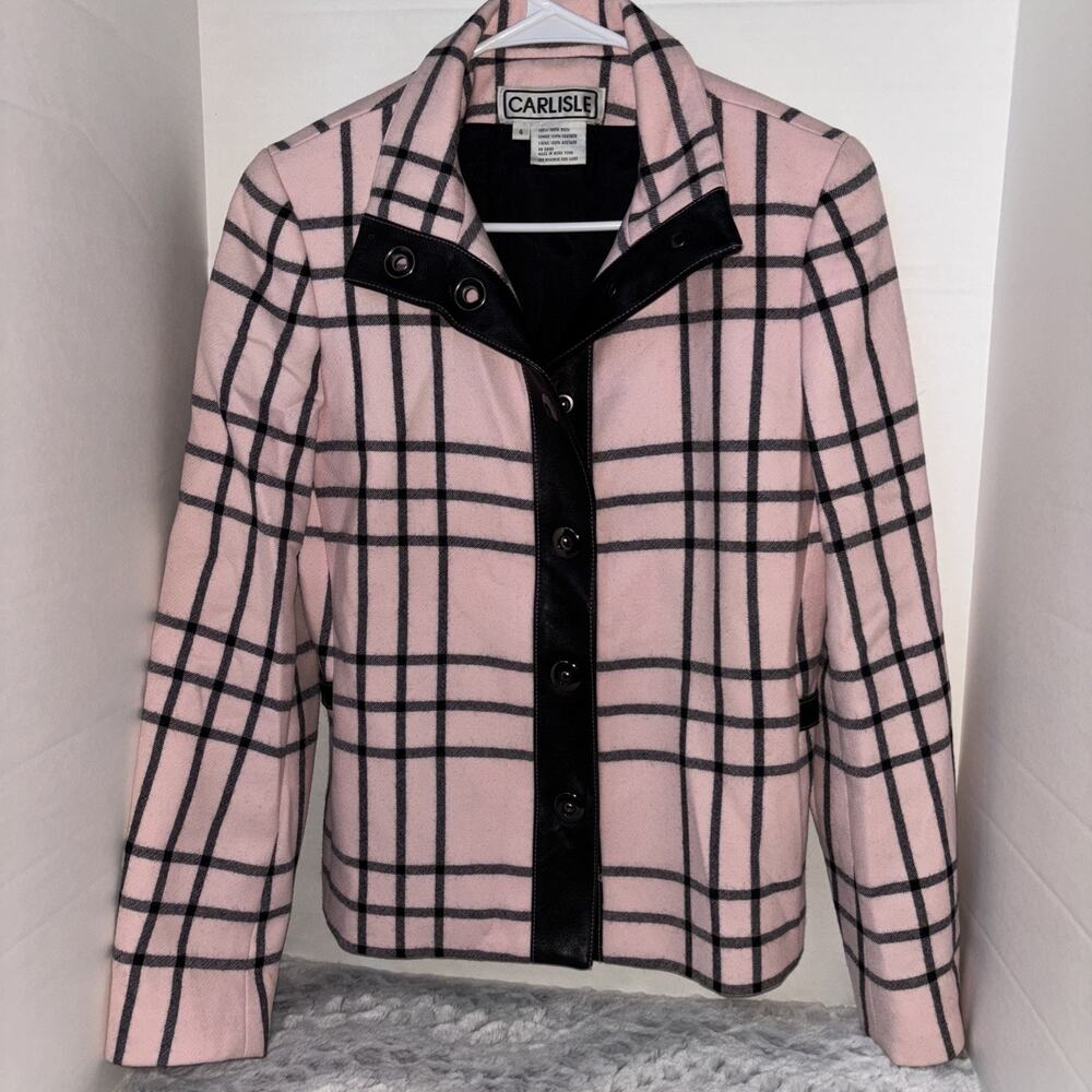 Carlisle Vintage Wool Plaid Pink & Black +leather Jacket Blazer Womens Size 4